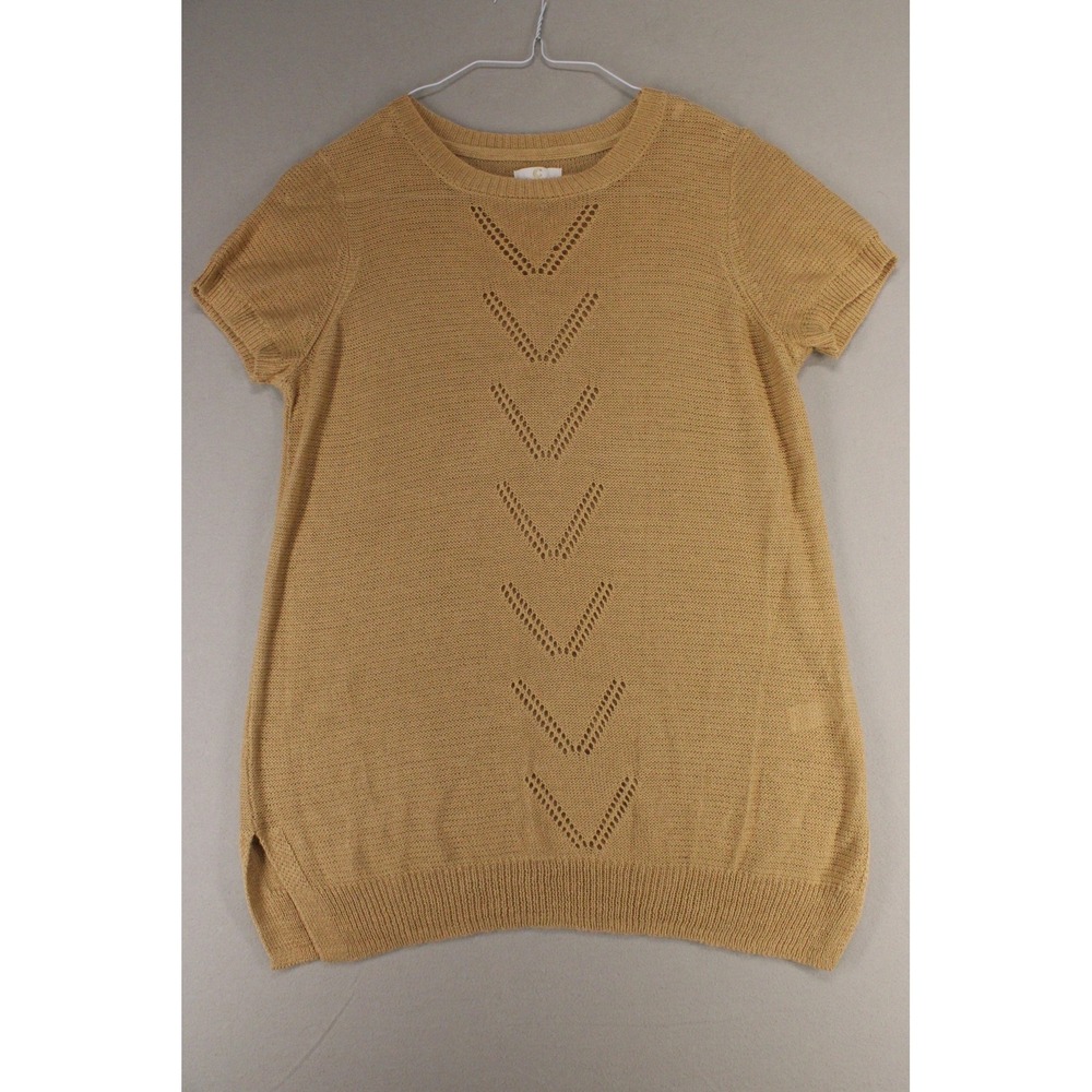 Charming Charlies Short Sleeve Sweater Womens Medium Gold Chevron Knit Boho